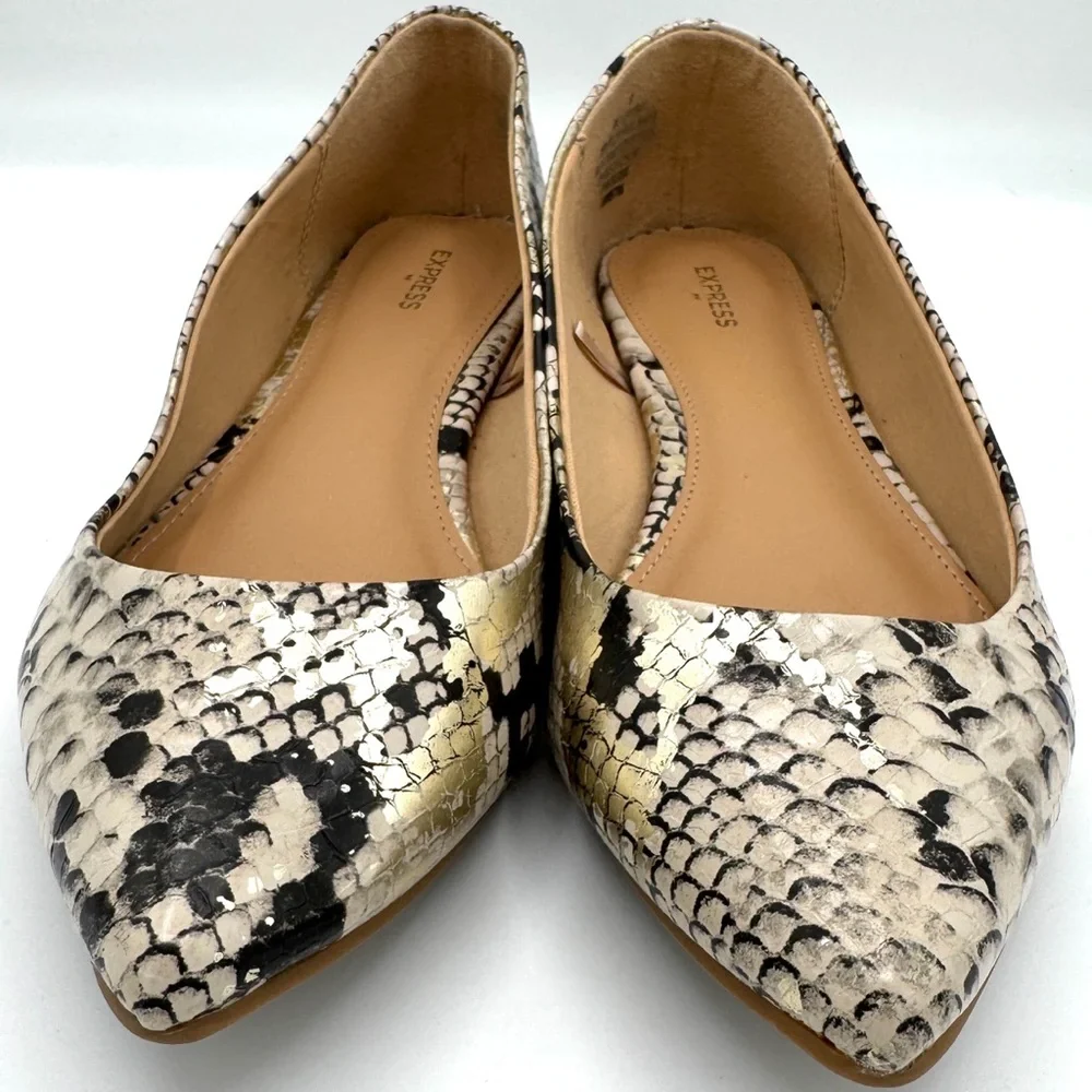 EXPRESS Snake Print Pointed Toe Ballet Flats Metallic Gold Ivory Black Size 8